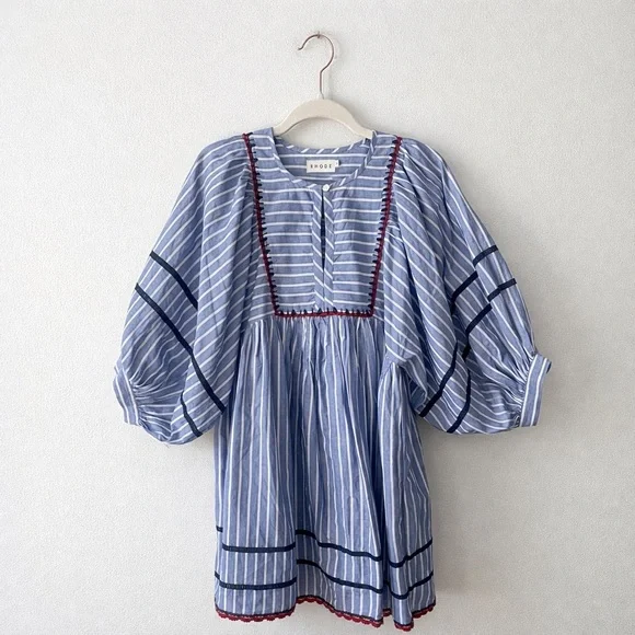 RHODE Jaques Dress Yacht Stripe Cotton Puff Sleeve Babydoll Size XS Retail $445